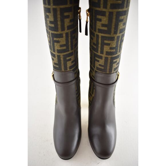 Fendi 105mm Traced Brown Leather Monogram FF Logo Motif Knee High Heel Boot 37 - Picture 10 of 16